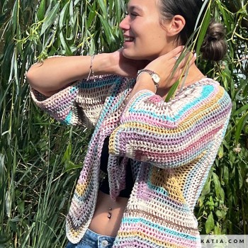 Вязание крючком кардигана Hexa из пряжи Katia Fair Cotton Diverso