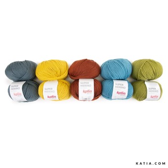 Этот набор пряжи Katia состоит из 10 клубков Katia Super Merino 5 разных цветов, по 2 клубка каждого цвета