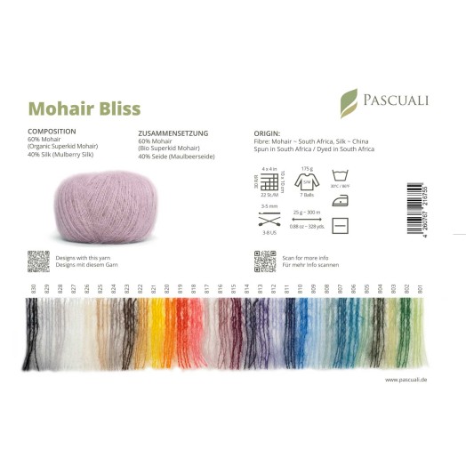 образцы цветов (sample cards, color cards) пряжи Mohair Bliss от Pascuali