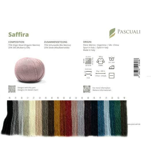 образцы цветов (sample cards, color cards) пряжи Saffira от Pascuali