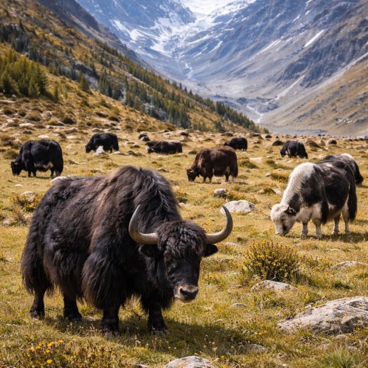 Яки на альпийской поляне