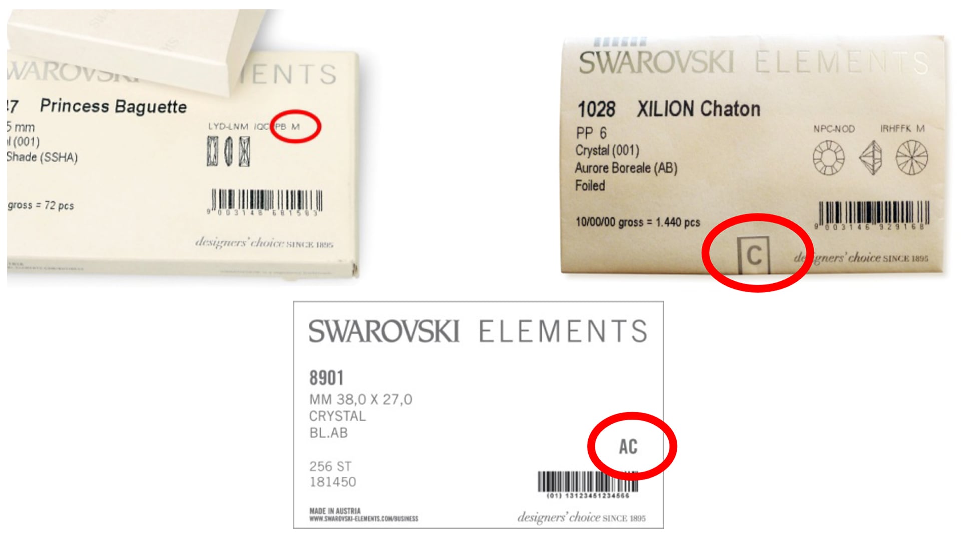 На фото показано как определить Advanced Crystal на всех упаковках кристаллов Swarovski с буквой M или C